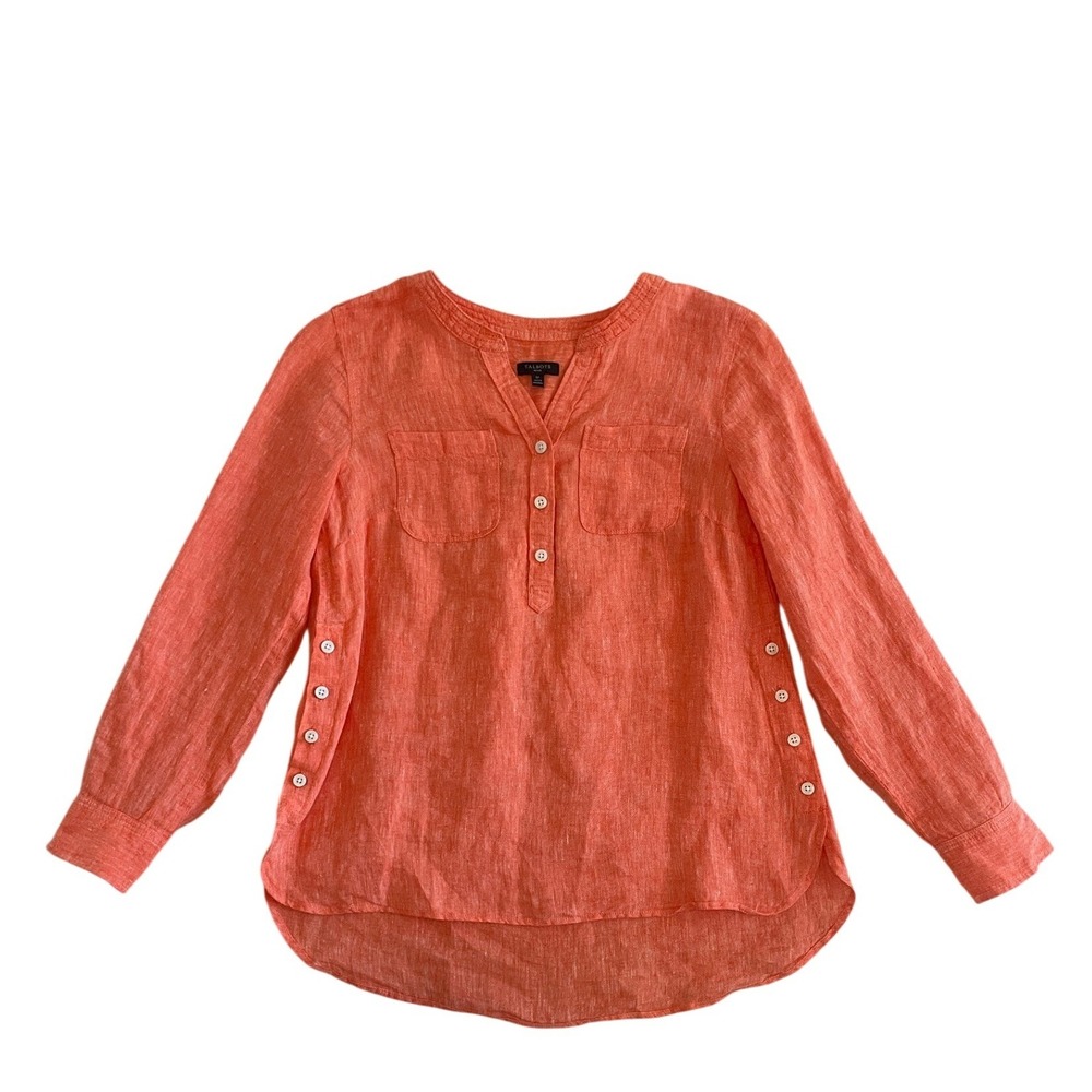 Coral Orange Linen Button Side Blouse Tunic  SP by Talbots Petite